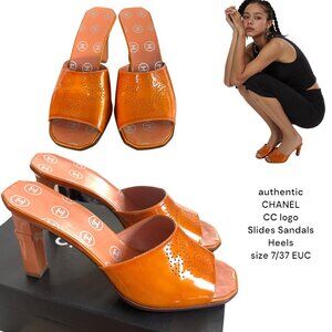 authentic CHANEL LOGO CC Slip On Mules Sandals Slides Heels Made in ITALY size 7